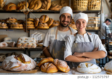 AI-generated content. Young bakers, partners, small business owners, entrepreneurs, bakery interior in background AI-generated content. Young bakers, partners, small business owners, entrepreneurs, bakery interior in background 112573797