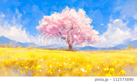 満開の桜の木と菜の花畑の水彩イラスト風景 112573890