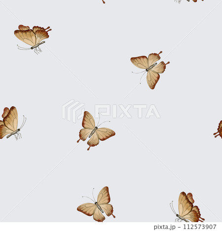 Brown butterflies, watercolor seamless minimalist pattern on light blue background. For use in design, fabric, textile, scrapbooking, wallpaper, wrapping papper, gift boxes, greeting cards, background 112573907