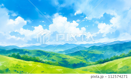爽やかな青空と新緑の山の水彩イラスト風景のイラスト素材 [112574271