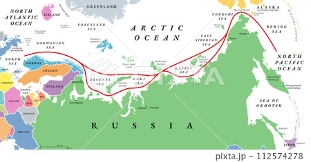 Northeast Passage, NEP, including Northern Sea Route, political map. Shipping route between Atlantic and Pacific Oceans, along the Arctic coasts of Norway and Russia, lying entire in Arctic waters. Northeast Passage, NEP, including Northern Sea Route, political map. Shipping route between Atlantic and Pacific Oceans, along the Arctic coasts of Norway and Russia, lying entire in Arctic waters. 112574278