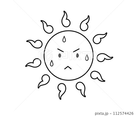 暑さで汗をかく太陽のシンプルでかわいい線画イラスト 112574426