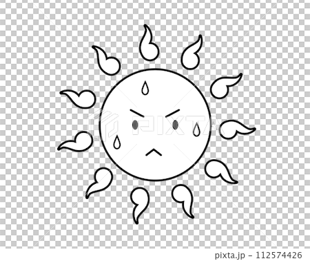 暑さで汗をかく太陽のシンプルでかわいい線画イラスト 112574426