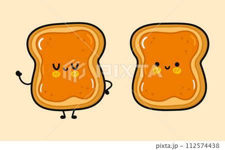 Cute funny Toast piece of bread with peanut butter. Vector hand drawn cartoon kawaii character illustration icon. Isolated brown background. Toast piece of bread with peanut butter character concept 112574438