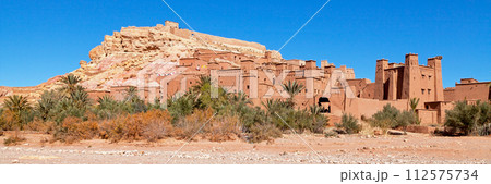 Panoramic view of the fortified village of Ait Benhaddou Panoramic view of the fortified village of Ait Benhaddou 112575734