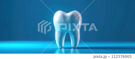 Single white healthy tooth on the blue background. Dental health care concept. 112576005