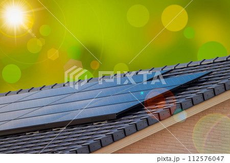 エコイメージ　太陽光パネルのある屋根と緑と太陽 112576047