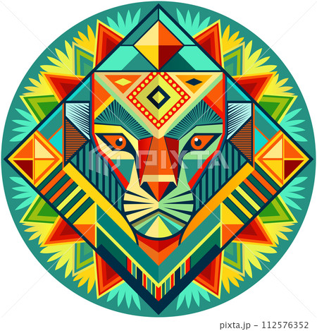 Front view of African mask shaped like a lion head in geometric style with warm colors 112576352