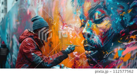AI-generated content. A man stands on a ladder painting a vibrant mural on a concrete wall with various colors in the urban environment. 112577562