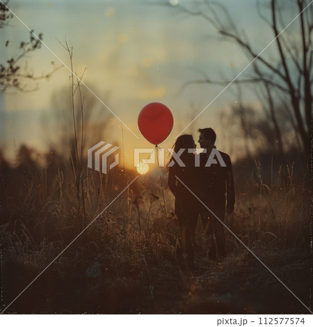 AI-generated content. A man and woman standing in a field holding a red balloon together. 112577574