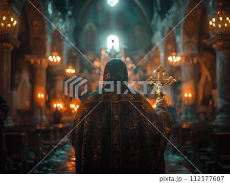 AI-generated content. A man dressed in priests robes holding a cross. AI-generated content. A man dressed in priests robes holding a cross. 112577607