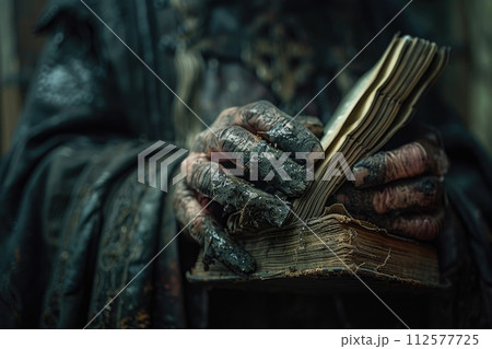 AI-generated content. Close-up of a persons hands tightly holding a book. 112577725