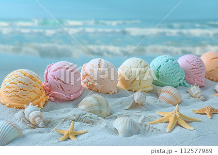 An artful arrangement of assorted ice cream cones with pastel colors alongside starfish and seashells. Generative AI. 112577989