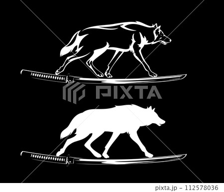 running wolf and samurai katana sword vector black and white design set 112578036