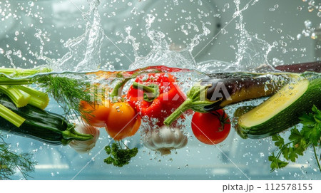 Splashing vegetables on water. Healthy food concept 112578155