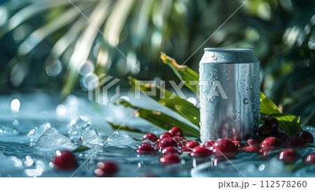 Aluminum can with fresh cranberries and ice on green background. 112578260