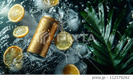 Cans of lemonade with splashes and tropical leaves on dark background 112578262