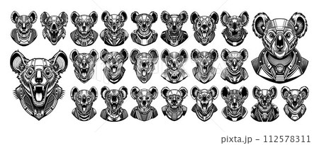 Detailed modern cyborg koala head illustration design bundle 112578311