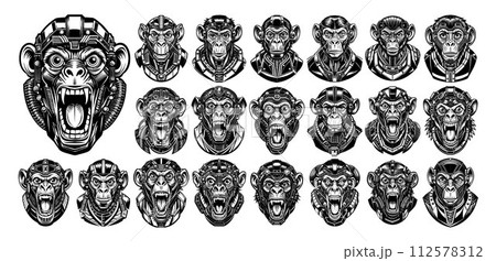 Monkey cyborg head illustration design bundle 112578312