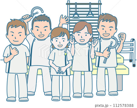 リハビリ室の新人療法士と先輩スタッフ 112578388