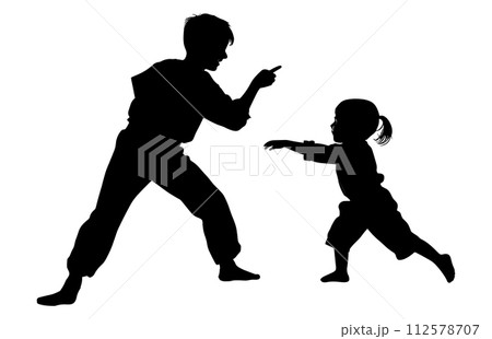 Two Child practicing karate silhouette, Two Child fighters in a match, Two Child practicing karate silhouette, Two Child fighters in a match, 112578707