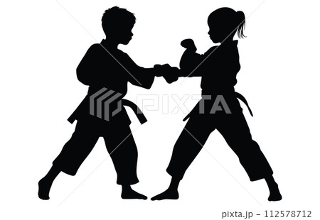Two Child practicing karate silhouette, Two Child fighters in a match, 112578712