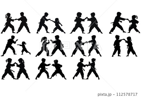 Two Child practicing karate silhouette, Two Child fighters in a match,   112578717