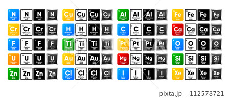 Chemistry elements of Mendeleev table. Collection chemistry elements in different style. Vector illustration. 112578721