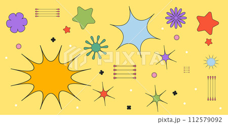 Vector illustration. Set of stars, geometry figures different colors in drawn cartoon art style against yellow background. Icons and graphics. Minimalist design. 112579092