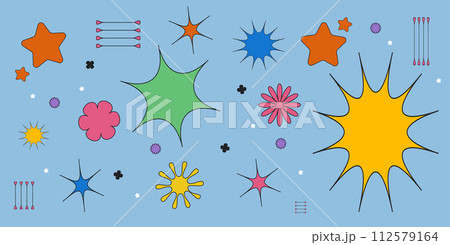 Vector illustration. Set of stars, geometry figures different colors in drawn cartoon art style against blue background. Icons and graphics. Minimalist design. 112579164