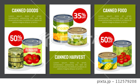 Canned Food Banner Design with Preserved Product Vector Template 112579208