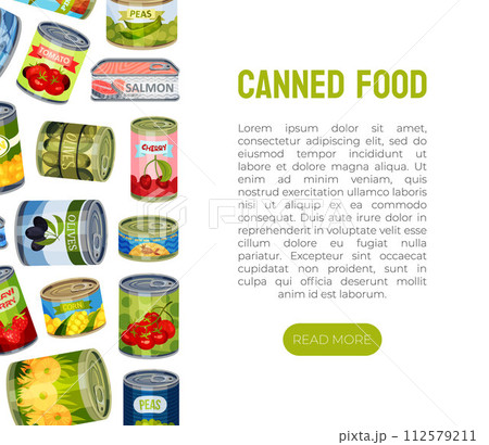 Canned Food Banner Design with Preserved Product Vector Template 112579211