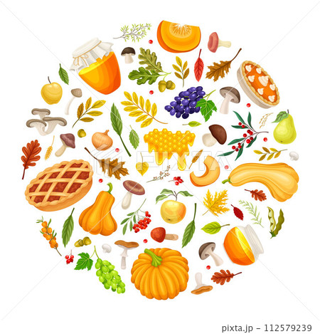Autumn Season Round Composition with Bright Crop and Foliage Vector Template 112579239