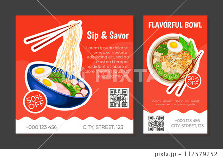 Asian Soup Food Banner Design with Tasty Noodle Dish in Bowl with Chopstick Vector Template 112579252