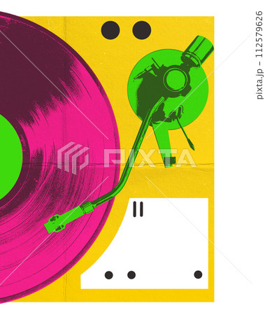 Stylized vinyl record and turntable tonearm on a dual-tone background. Album artwork for an electronic music artist Stylized vinyl record and turntable tonearm on a dual-tone background. Album artwork for an electronic music artist 112579626