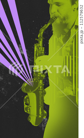 Young man playing saxophone, making performance, concert. Concept of music festival and inspiration, party. 112579632