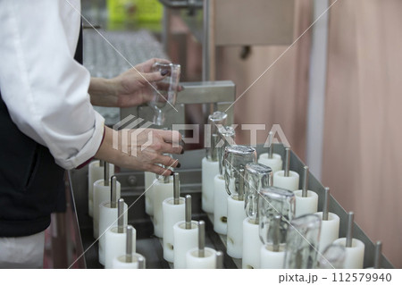 A row of glass bottles on a conveyor belt for the production of alcoholic beverages. 112579940