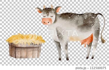 Cute farm animal. Watercolor illustration of a cartoon cow. Cattle agriculture. Poster for children's livestock. Calf, bull funny drawing. 112580075