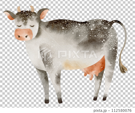 Cute farm animal. Watercolor illustration of a cartoon cow. Cattle agriculture. Poster for children's livestock. Calf, bull funny drawing. Cute farm animal. Watercolor illustration of a cartoon cow. Cattle agriculture. Poster for children's livestock. Calf, bull funny drawing. 112580076