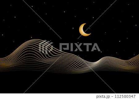 Minimal landscape art with golden moon and line art texture. Abstract art wallpaper for prints, Art Decoration, wall arts and canvas prints. 112580347