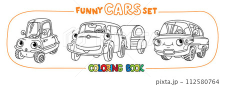 Funny small retro cars with eyes coloring book set 112580764