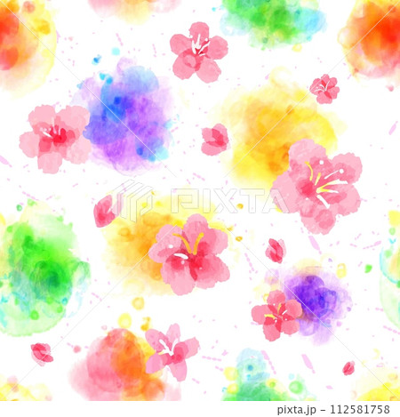 Rainbow watercolor spots and sakura flowers Rainbow watercolor spots and sakura flowers 112581758