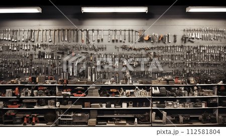 Industrial materials fill the walls and are arranged on many shelves.AI Generated 112581804