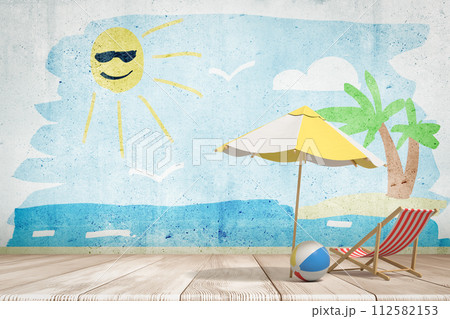 3d rendering of beach chairs, umbrella and rainbow beach ball on colorful cartoon sea and sun background 112582153