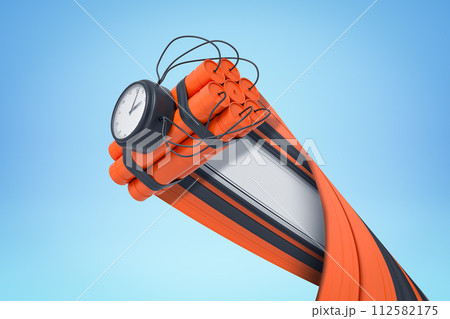 3d rendering of dynamite bundle with time bomb flying up in air 112582175