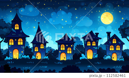 星と月がかわいい街並みを照らしている夜（コミカル）