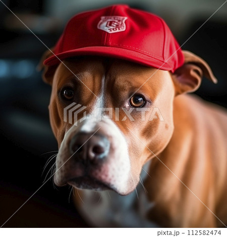 Staffordshire Terrier, Pit Bull Terrier, brown and white dog stands wearing a red hat on its head. The dog looks curious, tilting its head and wagging its tail.  112582474