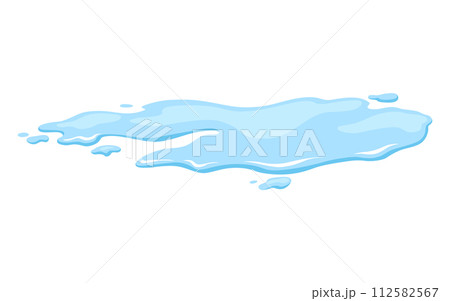Water spill puddle. Blue liquid shape in flat cartoon style. Clean fluid drop design element isolted on white background 112582567
