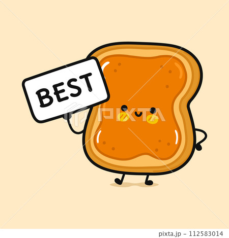 Toast piece of bread with peanut butter with poster best. Vector hand drawn cartoon kawaii character illustration icon. Isolated on brown background. Toast piece bread peanut butter think concept 112583014