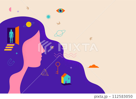 Surreal, Psychology, Dream, Mental Health concept illustration. Woman's head with surreal elements Surreal, Psychology, Dream, Mental Health concept illustration. Woman's head with surreal elements 112583050